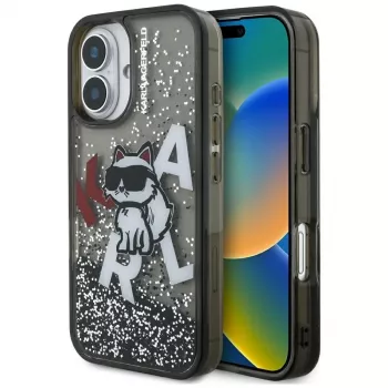 KARL LAGERFELD ovitek Liquid Glitter Choupette Logo za iPhone 16, črn