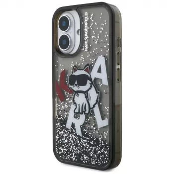KARL LAGERFELD ovitek Liquid Glitter Choupette Logo za iPhone 16, črn