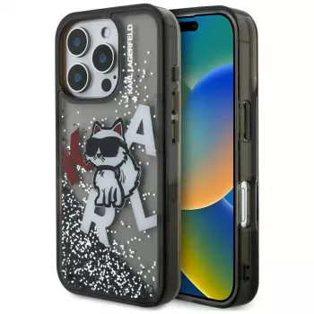 KARL LAGERFELD ovitek Liquid Glitter Choupette Logo za Apple iPhone 16 Pro Max - črn