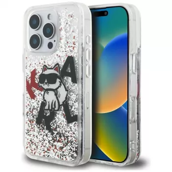 KARL LAGERFELD ovitek Liquid Glitter Choupette Logo za iPhone 16 Pro, prosojen