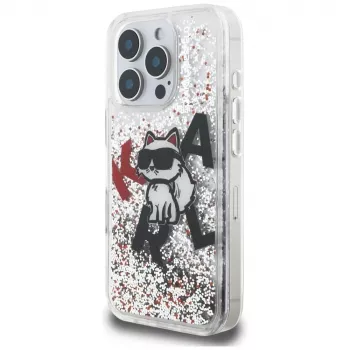 KARL LAGERFELD ovitek Liquid Glitter Choupette Logo za iPhone 16 Pro, prosojen