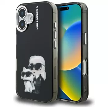 KARL LAGERFELD IML zadnji ovitek Aquarelle Karl & Choupette & Logo za Apple iPhone 16, črn