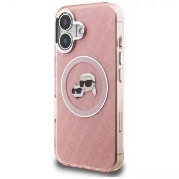 KARL LAGERFELD IML ovitek MagSafe Glitter Karl & Choupette Heads Logo za Apple iPhone 16 - roza