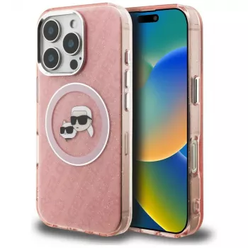Karl Lagerfeld IML ovitek MagSafe Glitter Karl & Choupette Heads Logo za iPhone 16 Pro, roza