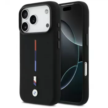 BMW M Silicon Tricolor Line MagSafe ovitek za iPhone 17 Pro, črn