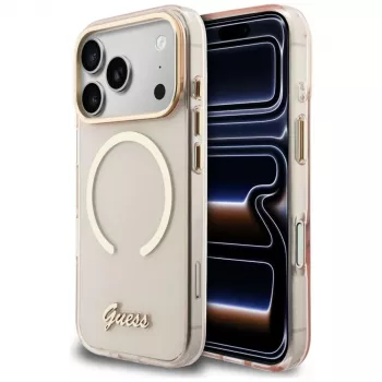 Ovitek Guess IML Script Metal MagSafe za iPhone 15 Pro, roza
