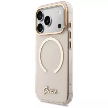 Ovitek Guess IML Script Metal MagSafe za iPhone 15 Pro, roza