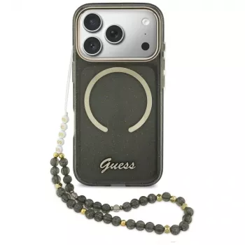 Guess IML Glitters Script Strap MagSafe ovitek za iPhone 17 Pro, črn