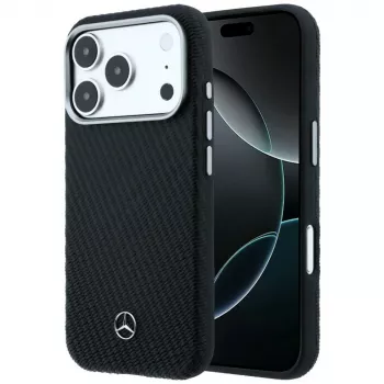 Ovitek Mercedes Leather Semi Wrap Wood Effect MagSafe za Apple iPhone 17 Pro, črn