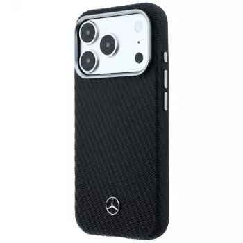 Ovitek Mercedes Leather Semi Wrap Wood Effect MagSafe za Apple iPhone 17 Pro, črn