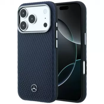 Ovitek Mercedes Leather Semi Wrap Wood Effect MagSafe za iPhone 17 Pro Max, temno moder