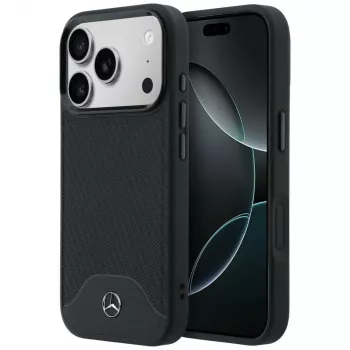 Mercedes-Benz usnjen ovitek MagSafe z videzom lesa in krivuljo za iPhone 17 Pro, črn