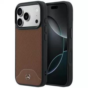 Mercedes usnjen ovitek MagSafe z videzom lesa in krivuljo za iPhone 17 Pro, camel