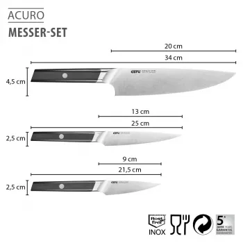 GEFU ACURO 3-delni set nožev - kuhinjski nož, univerzalni nož in nož za lupljenje