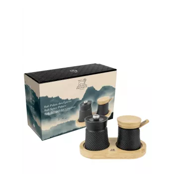 Peugeot Bali Fonte set solnic in popernic z lesenim pladnjem, 8 cm, črn