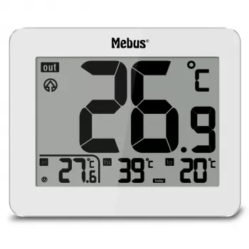 MEBUS 1074 digitalni termometer z notranjo in zunanjo temperaturo, LCD zaslon, za stensko montažo, bel