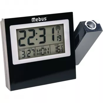 MEBUS 42424 projekcijska budilka z radijskim upravljanjem DCF77, rdeča projekcija LED, prikaz LCD, dvojni alarm, notranja temperatura, modra osvetlitev ozadja, črna