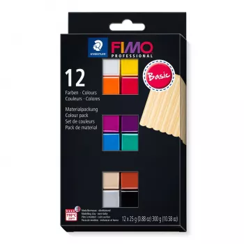 STAEDTLER FIMO 8043 komplet modelirne mase - 12 barv - črna, modra, šampanjec, zelena, siva, magenta, oranžna, rdeča, terakota, vijolična, bela, rumena - 12 x 25 g blokov - polimerna glina, ki se strdi v pečici - mehka - 110 °C - 30 min