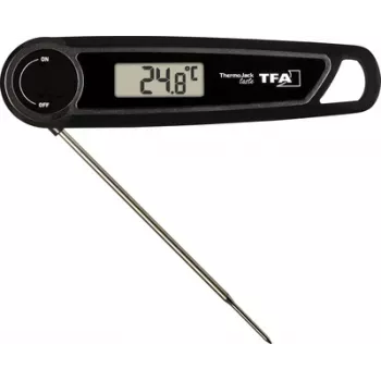 TFA THERMO JACK TASTE digitalni kuhinjski termometer s časovnikom in alarmom, sonda iz nerjavnega jekla, 160 mm, -50 do +300 °C, LCD-zaslon, črn/bel