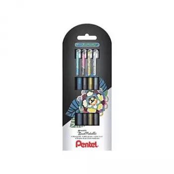 Pentel Dual Metallic set gel kemičnih svinčnikov – 4 svinčniki (črn, moder, zlat, srebrn) – 0,5 mm – blister pakiranje