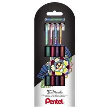 Pentel Dual Metallic komplet gel svinčnikov - 4 barve (zelena, oranžna, roza, vijolična) - 0,5 mm fina konica - plastično ohišje - blister pakiranje