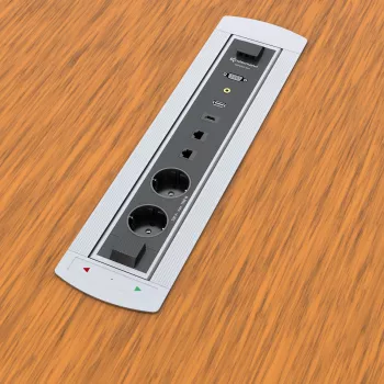 Kindermann CablePort Turn vgradna mizna vtičnica z 2 vtičnicama Schuko, 2 RJ45 CAT6, 2 HDMI, 1 USB-A 3.0, vrtenje 360°, srebrno-črna