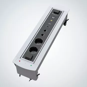 Kindermann CablePort Turn vgradna mizna vtičnica z 2 vtičnicama Schuko, 2 RJ45 CAT6, 2 HDMI, 1 USB-A 3.0, vrtenje 360°, srebrno-črna