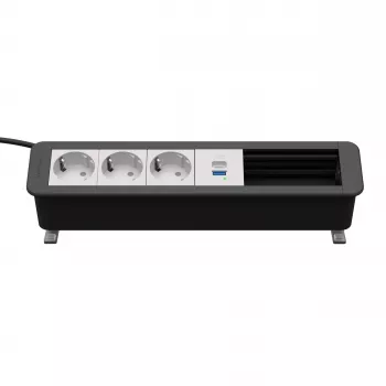 Kindermann CP Office Desk napajalna in priključna enota, 6 rež, 3x vtičnice Schuko, 1x USB-C PD 60W, 3m kabel, srebrn