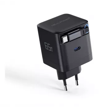 RealPower polnilnik GaN 65W črn z 2x USB-C PD, kompakten in zmogljiv