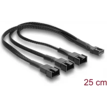 Delock razdelilni kabel za ventilator 1 x 4-Pin PWM vtičnica na vtič + 2 x 4-Pin (3 pini povezani) vtič s pletenim opletom 25 cm črn