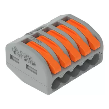 WAGO 222-415 5-žilni kompaktni spončni blok z vzvodom, vzmetni priključek, 32 A, 400 V, siva/oranžna