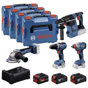 BOSCH POWERTOOLS komplet 18V: akumulatorski vrtalnik-vijačnik, udarni vijačnik, vrtalno kladivo, kotni brusilnik (komplet 4 orodij)