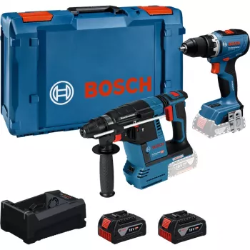 BOSCH PowerTools komplet: akumulatorski udarni vrtalnik-vijačnik 18V 65 + akumulatorsko vrtalno kladivo 18V 26 z 2 baterijama 5 Ah in polnilnikom (komplet)
