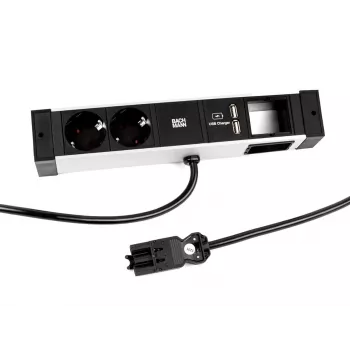 Bachmann DESK Rail podaljšek z 2 vtičnicama Schuko in 2 polnilnima priključkoma USB, 2m kabel, srebrna/črna