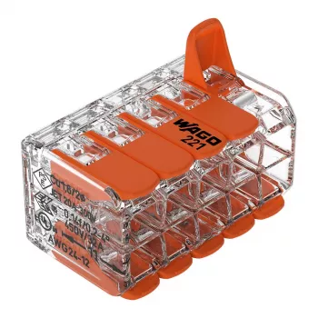 WAGO 221-420 kompaktni spojni konektor z ročicami, 10-vodni, 0,2-4 mm², prozorno ohišje, oranžna ročica, paket 10 kosov