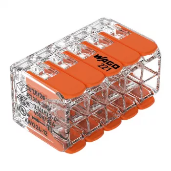 WAGO 221-420 kompaktni spojni konektor z ročicami, 10-vodni, 0,2-4 mm², prozorno ohišje, oranžna ročica, paket 10 kosov