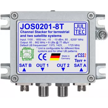 JULTEC JOS0201-8T Unicable II / JESS enokabelski pretvornik z 2x optičnim satelitskim in 1x optičnim zemeljskim vhodom, 8x izhod F-tip, priključki FC/PC