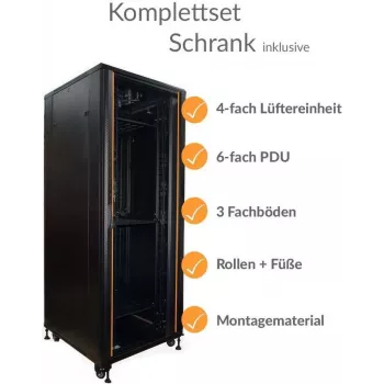 IT-BUDGET 19-palčna omrežna omara SRK - komplet - 42U - širina 800 mm, globina 800 mm - steklena/jeklena vrata - 4 aktivni ventilatorji - PDU - vložki - predmontirana - črna (99ITB19SRK4288GSM)