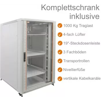 IT-BUDGET 19-palčna omrežna omara SRK - komplet - 27U - 800x800 mm - steklena/pločevinasta vrata - 4 aktivni ventilatorji - PDU - predali - sestavljeno (flatpack) - svetlo siva (90ITB19SRK2788GG)