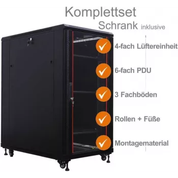 IT-BUDGET 19-palčna omrežna omara SRK - komplet - 27 HE - ŠxG 800x800 mm - steklena/jeklena pločevinasta vrata - 4 aktivni ventilatorji - PDU - predali - predmontirana - črna (99ITB19SRK2788GSM)