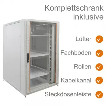 IT-BUDGET 19-palčna omrežna omara SRK komplet 27U 800x800mm steklena/perforirana jeklena vrata 4 aktivni ventilatorji PDU police montirana svetlo siva (99ITB19SRK2788GGM)