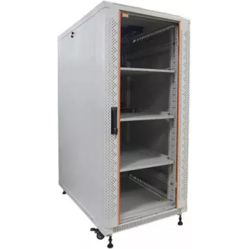 IT-BUDGET 19-palčna omara za omrežje SRK - komplet - 27U - 600x600 mm - steklena/polna jeklena vrata - 4 aktivni ventilatorji - PDU - police - Flatpack - svetlo siva (90ITB19SRK2766GG)