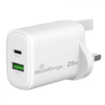 MediaRange 25W GaN hitri polnilnik z vtičem UK, 1x USB-C in 1x USB-A, PD in QC, bel (MRMA112-UK)