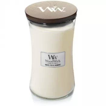WoodWick White Tea & Jasmine dišeča sveča v kozarcu, srednja, 275g