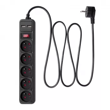 Akyga AK-SP-05U podaljšek z zaščito pred prenapetostjo, 5x CEE 7/5 (tip E), 2x USB-A, 1,8 m, črn