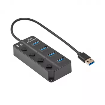 Akyga AK-AD-33 aktivni USB 3.0 hub, 4 vrata s posameznimi stikali, 15 cm, črn