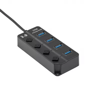 Akyga AK-AD-33 aktivni USB 3.0 hub, 4 vrata s posameznimi stikali, 15 cm, črn