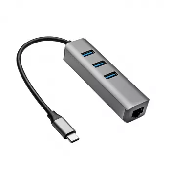 Akyga AK-AD-66 USB-C hub s 3x USB 3.0 in gigabitnim ethernetom, 15 cm, črn