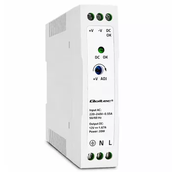 Qoltec napajalnik za DIN letev 20W 12V 1,67A bel slim