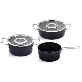 Fissler Adamant set posod, 3-delni: lonec 20 cm, lonec za pečenje 24 cm in kozica 18 cm, s pokrovi iz stekla (156-115-03-000/0)